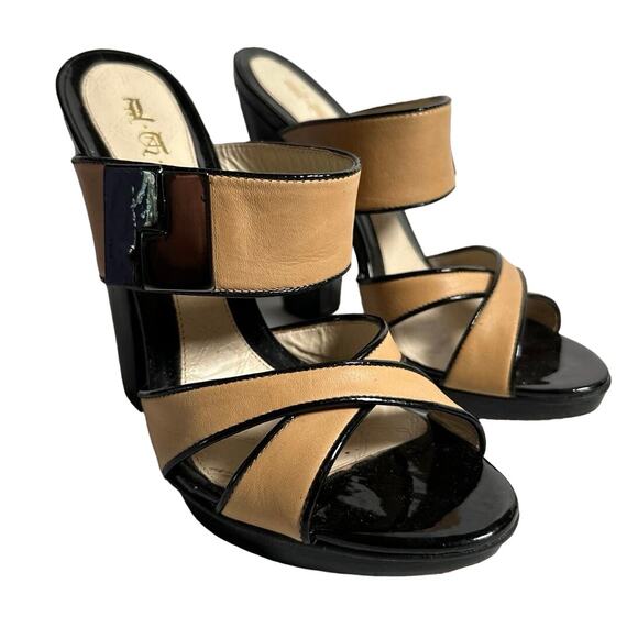 L.A.M.B. Heels Gwen Stefani Camel Tan Black Patent Leather Strappy Shoes 7.5 - Picture 4 of 8